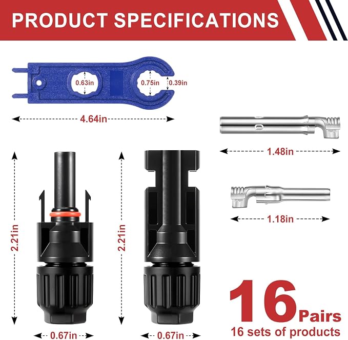 32 PCS Solar Panel Connectors MC4, 16 Pairs Male/Female + 2 Wrenches IP67 Waterproof 1000V/30A Solar Connectors???for Solar Power Systems (10AWG) - Image 2