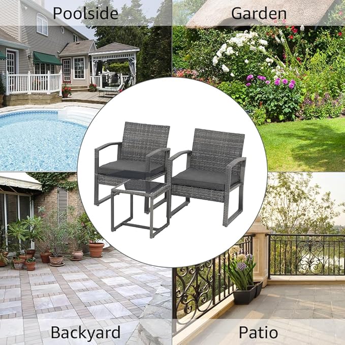 Patiorama 3 Piece Outdoor Patio Furniture Conversation Set, Rattan Chair Set With Coffee Table, For Garden, Balcony, Backyard, Poolside (Dark Grey)