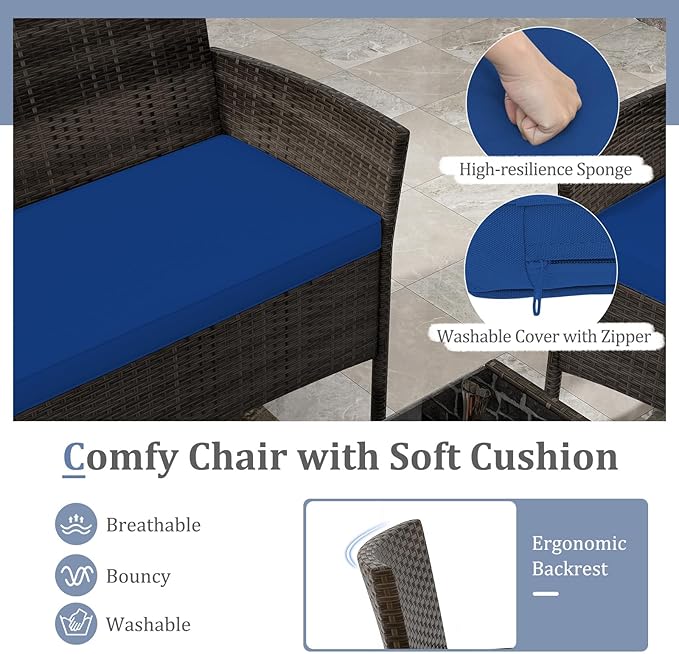 KOTEK 4 Piece Patio Furniture Set, Outdoor Rattan Conversation Set with Loveseat, Wicker Chairs, Tempered Glass Coffee Table, Wicker Patio Set for Backyard, Porch (Navy)