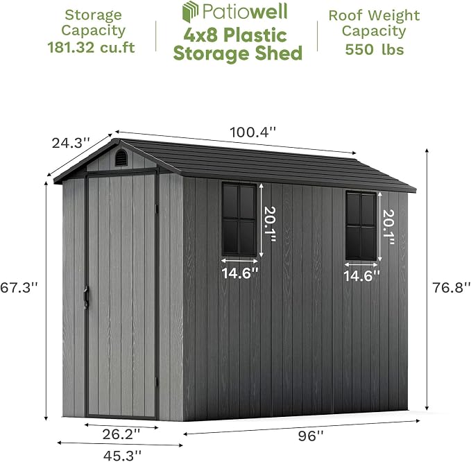Patiowell 4x8 FT Plastic Outdoor Storage Shed with Floor, Garden Tool Shed with Two Windows and Single Lockable Door for Garden, Backyard, Lawn, Easy to Install, Dark Grey - Image 4