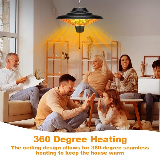Outdoor Hanging Patio Heater 1500W Electric Hanging Ceiling Mounted Infrared Heater with Storage bag 3s Fast Heating, Quiet, Adjustable Chain, for Home Garage Balcony Studio