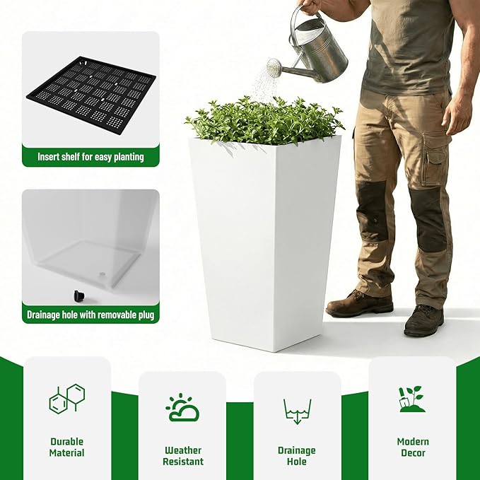 SnugNiture Taper Tall Planters 30 Inch Set of 2, Large Planter for Indoor Outdoor Plants, Modern Flower Pot Containers Large Decorative Tree Planter, White
