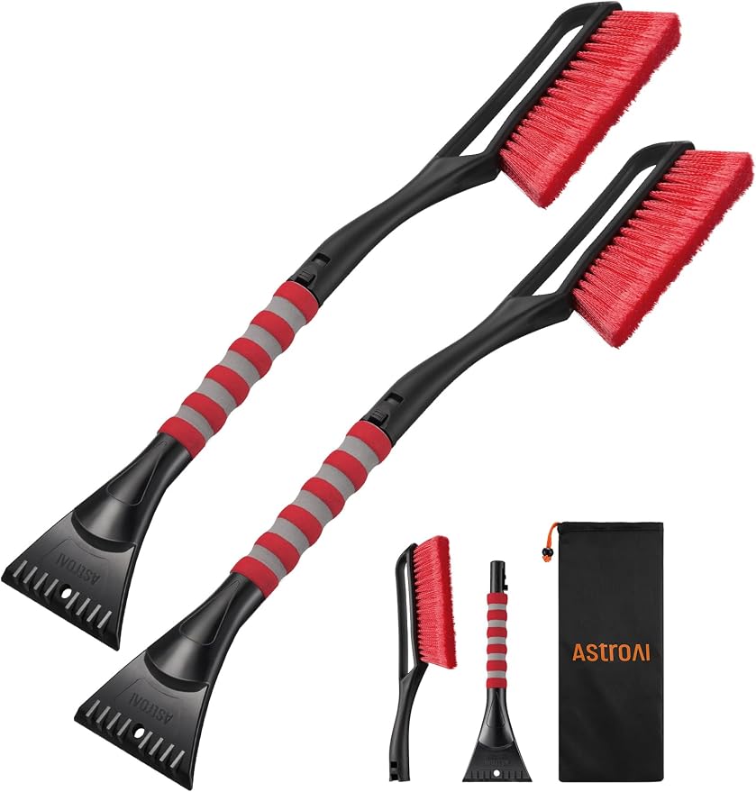 AstroAI 2 Pack 27" Snow Brush and Ice Scrapers for Car Windshield, Detachable Snow Scrapers with Ergonomic Foam Grip for Cars, Trucks, SUVs (Heavy Duty ABS, PVC Brush, Orange) by AstroAI