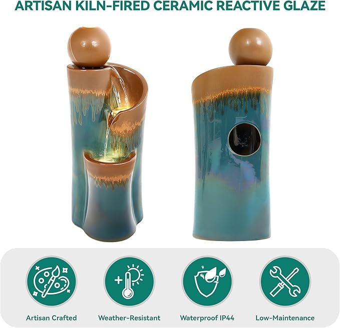 32" H Ceramic Outdoor Water Fountain with LED Lights, 3-Tier Cascading Sphere Water Feature, Tranquil Waterfall for Relaxing Garden, Patio, Yard, or Porch, Teal & Copper Drip-Glaze Finish