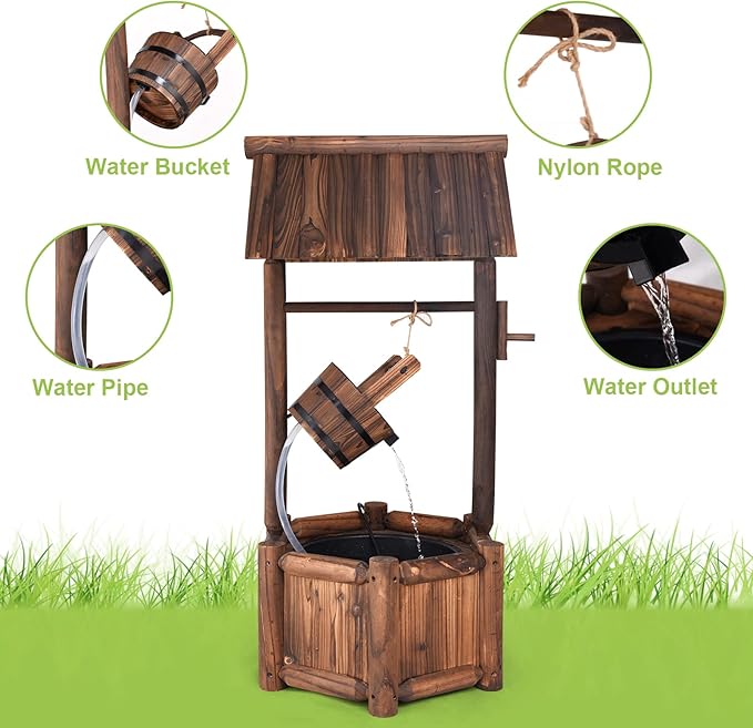 Giantex Wishing Well Water Fountain Outdoor, Rustic Wooden Waterfall Fountain with Electric Pump, Water Bucket, Freestanding Decorative Wishing Well Water Feature for Backyard Patio Garden Lawn