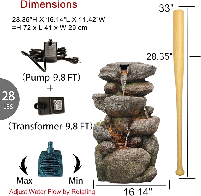 The 4-Tiered Water Fountain Outdoor&Indoor Fountain with Lights, 28.35" Waterfall Fountain for Garden, Patio, Yard, and Lawn, Natural Stone Look Water Features Outdoor Patio