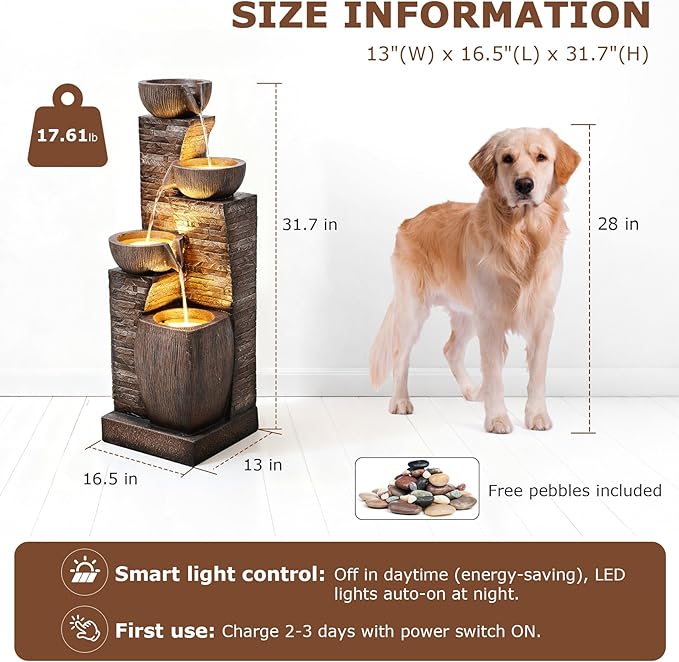 38.2" Tall Solar Powered Water Fountain for Outdoor,4 Tiers Modern Cascading Bowls and Stacked Stones Solar Fountains with LED Lights for Garden, Patio, Deck, Backyard and Home Art Decor