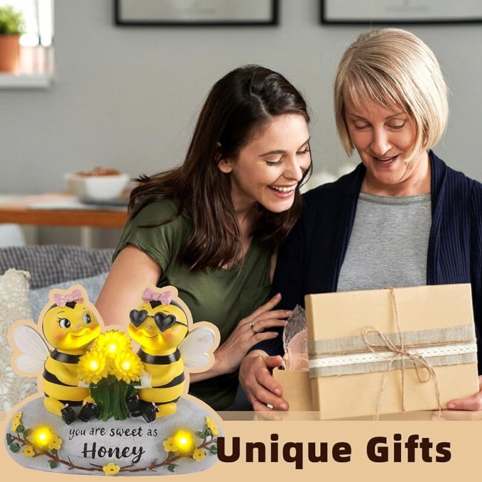 Solar Bee Lights Garden Statues 5.5" Resin Bee Figurine Waterproof Yard Lawn Patio Decorations Birthday Housewarming Gifts for Mom Wife Women Honeybee Decor Garden Sculptures with Sunflowers