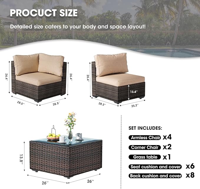 7 Piece Patio Furniture Set, Outdoor Wicker Sectional Sofa - All Weather High Backrest PE Rattan Couch Conversation Set with Cushion & Glass Top Table for Backyard Deck (Beige, L-7 pcs w/Glass Table)