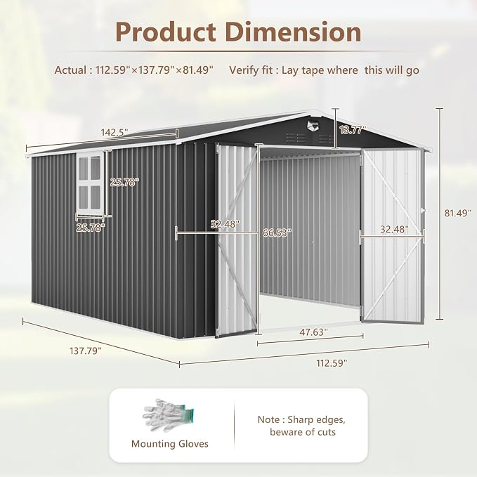 10x12 FT Outdoor Storage Shed, Metal Garden Shed - Tool Storage Sheds with Lockable Doors & 1 Clear Window, Waterproof Outside Storage Building for Backyard, Patio (Black; Floor Not Included) - Image 4