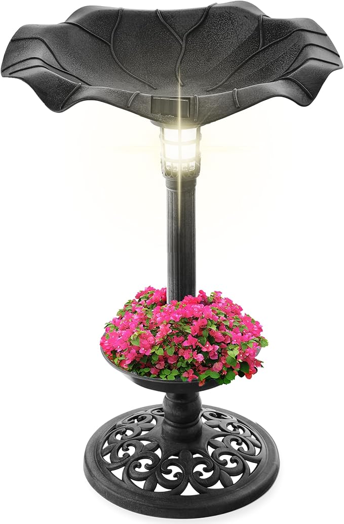 Best Choice Products Outdoor Solar Lighted Pedestal Bird Bath Fountain Decoration w/Planter, Integrated Panel, Scroll Accents for Lawn, Garden - Black