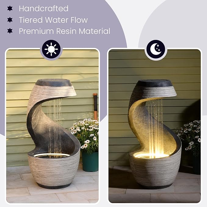 37" H S-Curve Waterfall Fountain, Floor-Standing Outdoor Water Fountain with Light, Modern Garden Water Feature Outdoor Rainfall Indoor Waterfall Feature for Patio Garden Decor