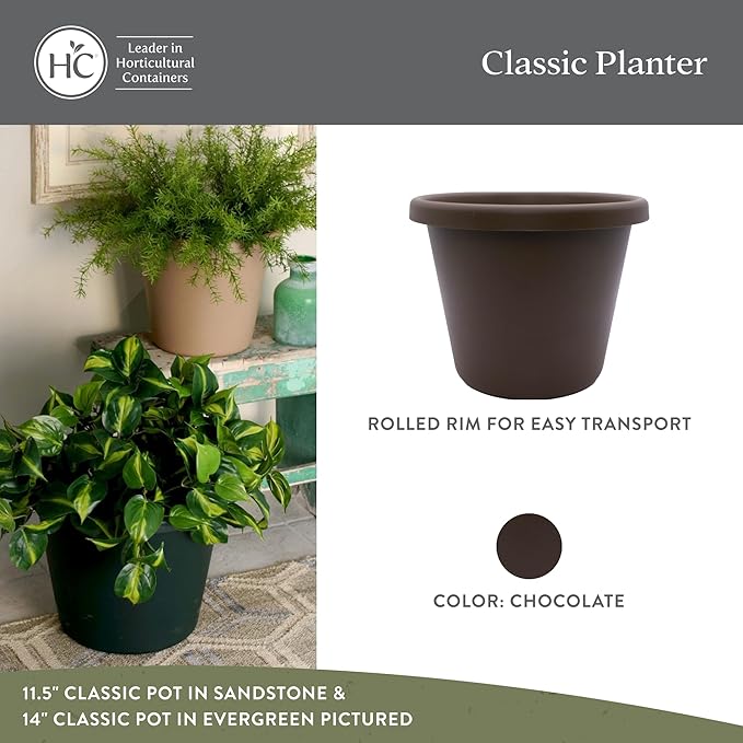 The HC Companies 14 Inch Classic Round Planter Pots with Drainage, Rolled Rim Plastic Planters for Indoor & Outdoor Plants, 2-Pack Decorative Flower Pots for Garden, Office & Home Decor, Chocolate