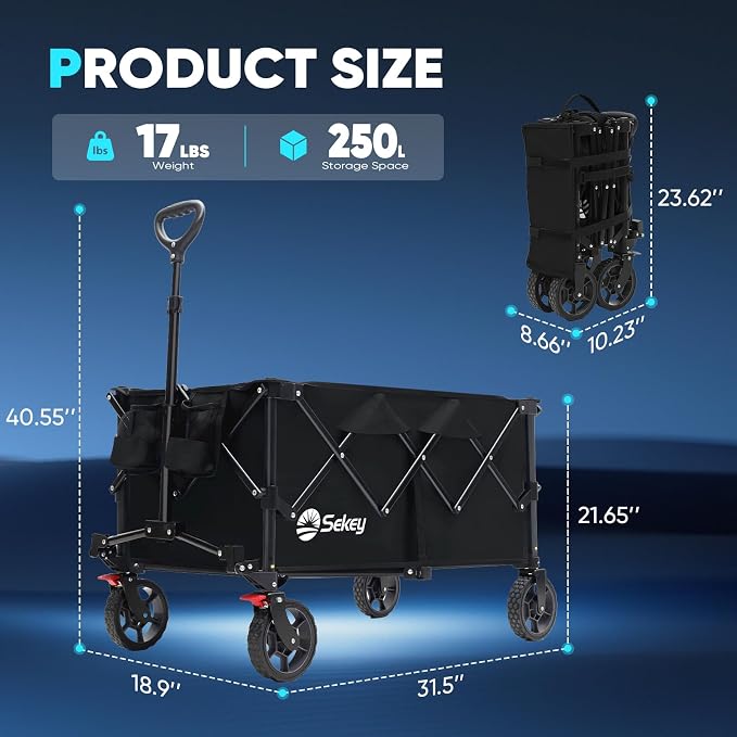 Sekey Collapsible Foldable Wagon with 330lbs Weight Capacity, Heavy Duty Folding Wagon Cart with Big All-Terrain Wheels & Drink Holders. Black - Image 2