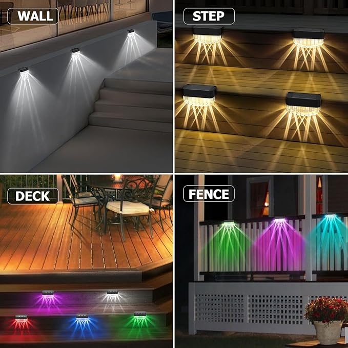 Solar Fence Lights Outdoor,6 Pack Solar Deck Lights,8 Fixed Colors ＆ Color Changing Modern Solar Powered,Waterproof LED for Step Stair Patio Backyard Porch Railing Halloween Christmas