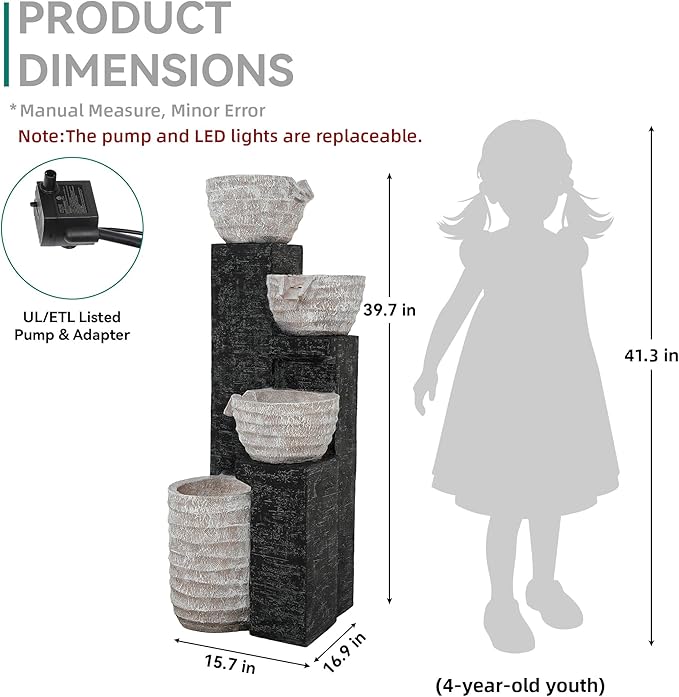 40" H Outdoor Water Fountain with LED Lights & Pump, Multilayer Cascading Polyresin Fountain, Sand-Textured Freestanding Garden Fountain for Tranquil Garden, Patio or Porch