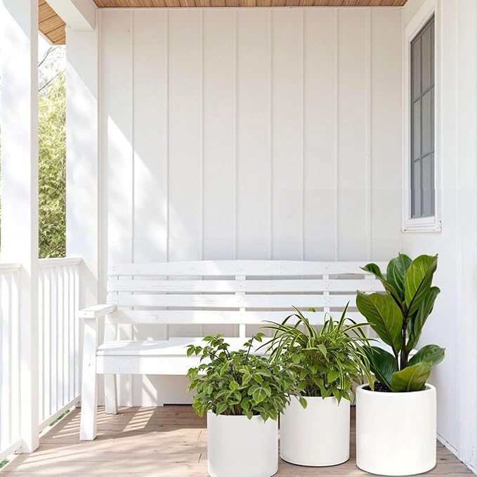 Fox & Fern Matte White Plant Pots with Drainage Plug (Set of 3) — Premium Lightweight Fiberstone 8, 10, and 12 Inch Planters for Indoor and Outdoor Use - Weather Resistant & UV Resistant