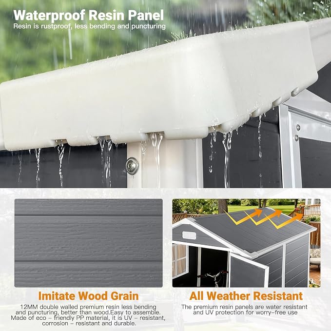 YOPTO 6x6 FT Storage Shed,Plastic Outdoor Storage Shed with Floor and Lockable Door,Waterproof Garden Shed W/Windows & Vents,Sloped Roof,Tool House for Storing Bicycles,Lawnmowers,Gray - Image 4