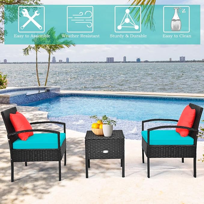 COSTWAY Rattan Patio Furniture Set 3 Pieces, Wicker Conversation Set with Tempered Glass Coffee Table, Seat Cushions, Outdoor Chair Wicker Sofa for Backyard Balcony Porch Poolside, Turquoise