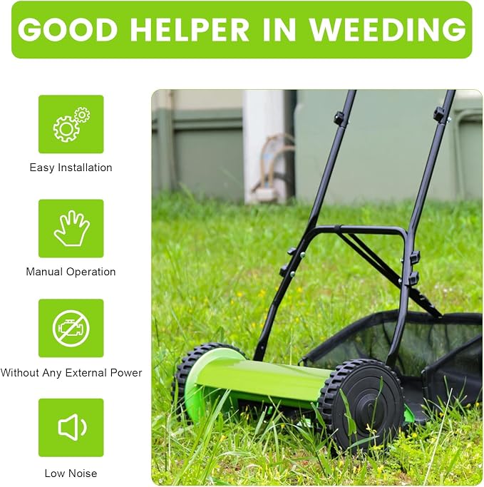 Manual Lawn Mower 5 Blade 12-Inch Push Reel Lawn Mower Push Lawn Mower for Garden Yard, Grass Catcher and Collection Bag,Adjustable Height, - Image 7