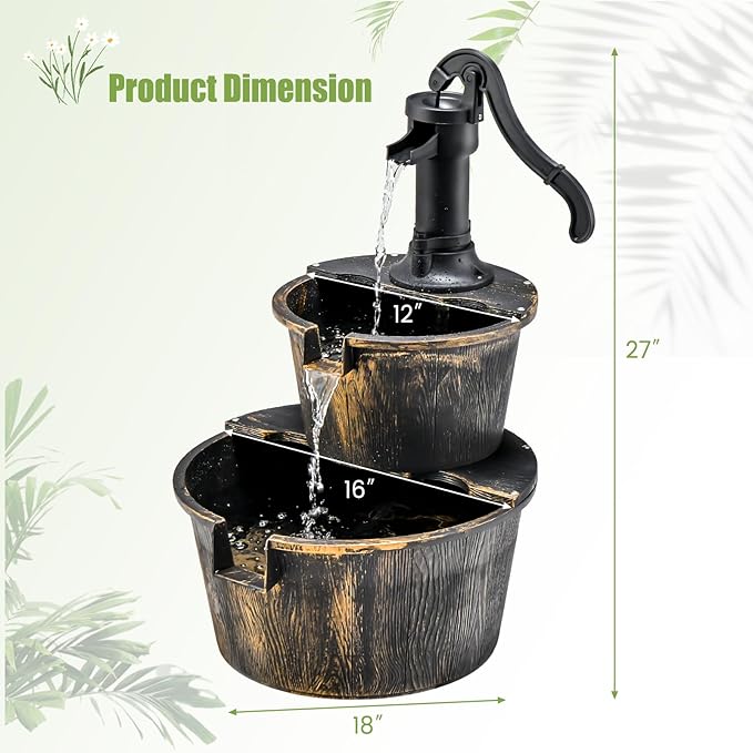 S AFSTAR Water Fountain Outdoor Waterfall Barrel, 2-Tier 27-Inch Barrel and Pump Waterfall Fountain W/Realistic Faux Wood Barrels & Pump Head, Garden Barrel Fountain for Patio Backyard Decor
