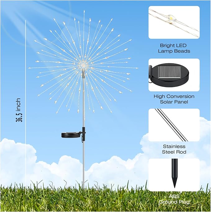 2 Pack 250LED Solar Garden Lights Outdoor, Dual Lighting Modes Firework Lights Solar Powered, Waterproof Twinkle Fairy Light Outside for Yard Patio Pathway Christmas Party Decorative (Multicolor)
