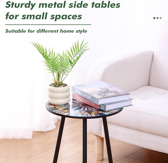 Party Zealot 1 Pack Metal Mosaic Round Side Table Small 13.4" End Patio Round Accent Table Garden Corner Stand for Small Spaces Weather-Resistant for Balcony Plant Stand Indoor Outdoor - Image 4