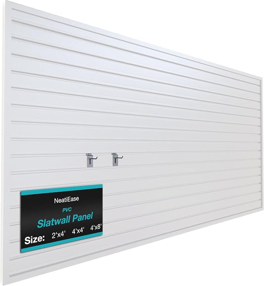 NeatiEase Slatwall Panel Wall Storage Systems, 4 x 8ft Slat Wall Paneling Garage Wall Organizer, Heavy Duty Wall Mounted PVC Wall Rack (White) by NeatiEase