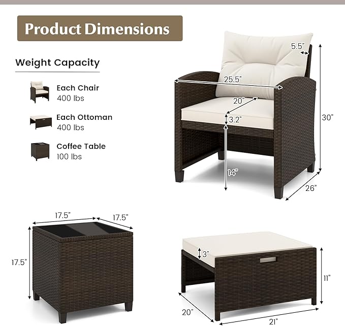 KOTEK 5 Pieces Patio Furniture Set with Ottomans, Wicker Patio Conversation Set with Coffee Table & Cushions, PE Rattan Outdoor Lounge Chairs for Backyard, Porch, Poolside (Mix Brown- Off White)