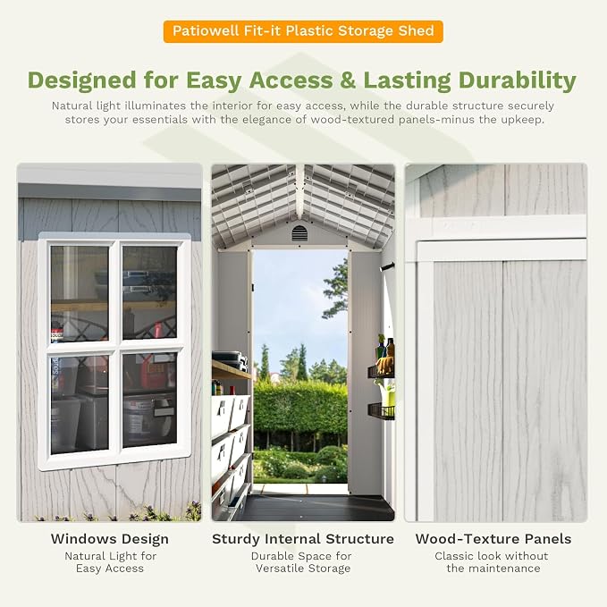 Patiowell 4x8 FT Plastic Outdoor Storage Shed with Floor, Garden Tool Resin Storage Shed with Two Windows and Single Lockable Door for Garden, Backyard, Lawn, Easy to Install, Light - Image 5