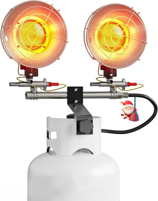 Buyplus Propane Heater - 30000BTU Outdoor Propane Heater with 3 Heating Modes, Safety Shut-off Valve & Tip-over Switch, Double Tank Top Tent Heaters for Outdoor Camping, Party,Red(Fuel not included)