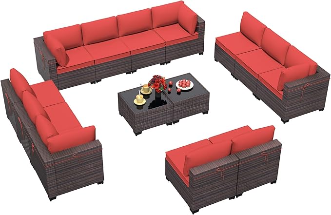 14 Pieces Outdoor Patio Furniture Set,Outdoor Sectional Furniture All Weather PE Rattan Wicker Patio Conversation Set with 2 Coffee Tables and 12 Thickened Cushions,Red