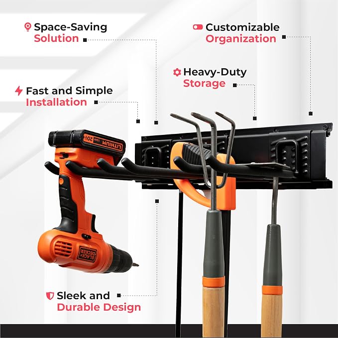TIDYME Garage Tool Organizer Wall Mount - 32 inches - Sturdy Storage Rack with Adjustable Hooks, Anti-Rust - Easy Installation, 200lbs Capacity - Garden Tool Organizer (02 Racks & 04 Hooks) - Image 4