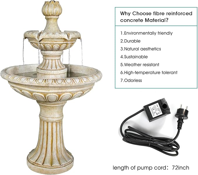 SunJet 40.5" High 3-Tiers Modern Concrete Outdoor Water Fountain - Round Large Outdoor Fountains and Waterfalls for Garden, Patio, Yard, and Deck Decor, Featuring Natural Stone Look (Ivory, 40.5 inch)
