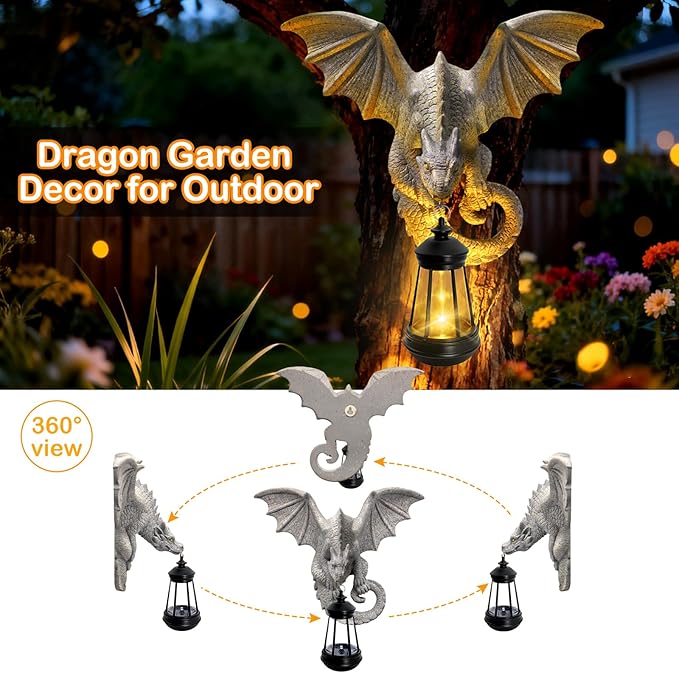 Dragon Tree Hugger Garden Statue - Resin Dragon Figurine Wall Hanger Sculptures Decor with Solar Lantern Lights, Outdoor Waterproof for Balcony Wall Porch Yard, Gifts for Mom Women Grandma Birthday