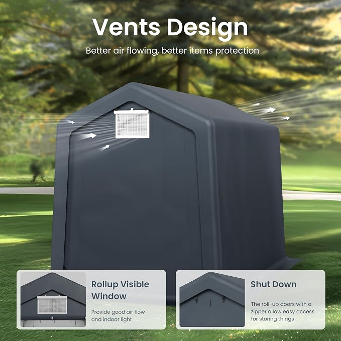 PHI VILLA 6x10ft Storage Shelter Shed, Portable Carports Outdoor Garage Canopy with Roll up Zipper Doors & Vents Waterproof UV Resistant Garages Tent for Cars,Boats,Tools, Motorcycle, Gray - Image 4