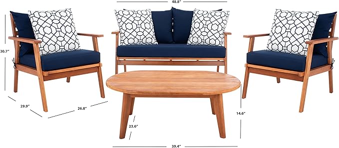SAFAVIEH Outdoor Collection Deacon Natural Acacia Wood/Navy Cushion 4-Piece Conversation Patio Set with Accent Pillows