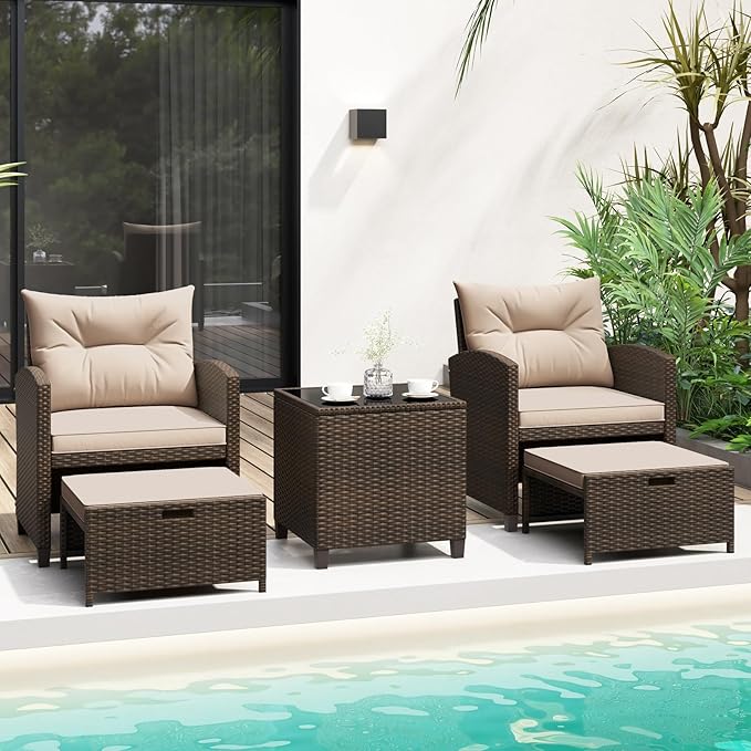 KOTEK 5 Pieces Patio Furniture Set with Ottomans, Wicker Patio Conversation Set with Coffee Table & Cushions, PE Rattan Outdoor Lounge Chairs for Backyard, Porch, Poolside (Mix Brown- Beige)