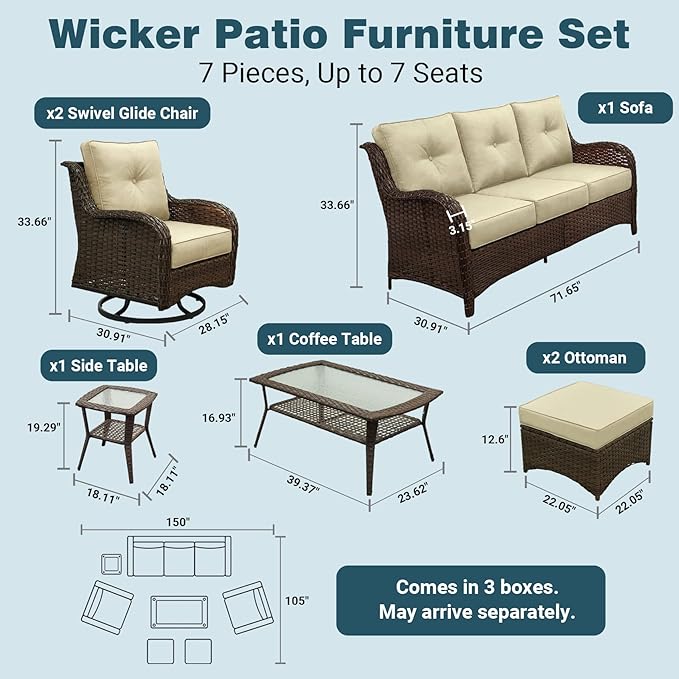 Patio Furniture Set, 7PCS Outdoor Wicker Conversation Set with 6" Thick Cushions, High Back Rattan Sofa & Swivel Rocker Chairs, Weather Resistant Olefin Fabric for Garden, Poolside, Beige