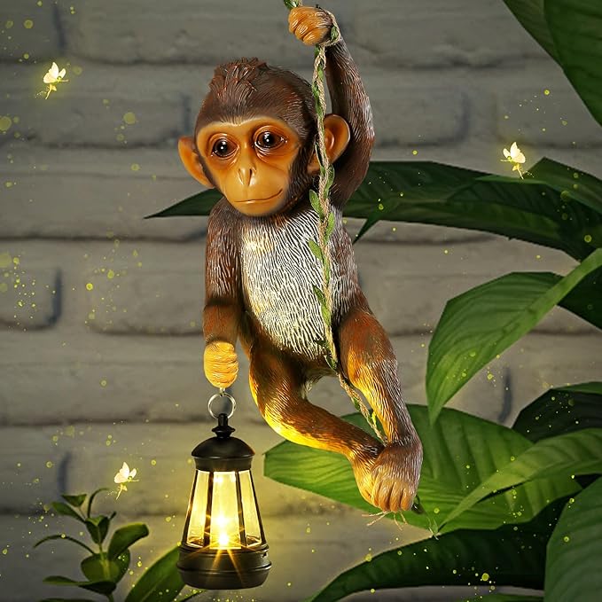 Solar Light Outdoor Monkey Statues Brown 13.78 Inch Resin Chimpanzee Baby Monkey Climbing on Vine with LED Lantern Waterproof Hanging Figurine with Hook for Yard Garden Wall