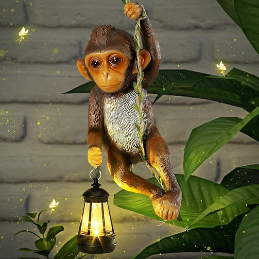 Solar Light Outdoor Monkey Statues Brown 13.78 Inch Resin Chimpanzee Baby Monkey Climbing on Vine with LED Lantern Waterproof Hanging Figurine with Hook for Yard Garden Wall
