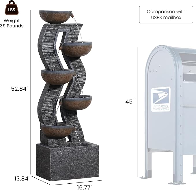 52.8" Tall Outdoor Water Fountain with Lights, 6-Tier Cascading Resin Waterfall Feature for Porch, Garden, Yard, Deck, Patio – Large Freestanding Outdoor Fountain and Waterfall Outside Decor
