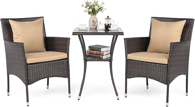 Tangkula 3 Pieces Patio Wicker Bistro Set, 2 Rattan Chairs w/ 2-Tier Tempered Glass Table, Outdoor Conversation Furniture Set with Cushions for Backyard, Porch, Poolside (Mix Brown+Beige)
