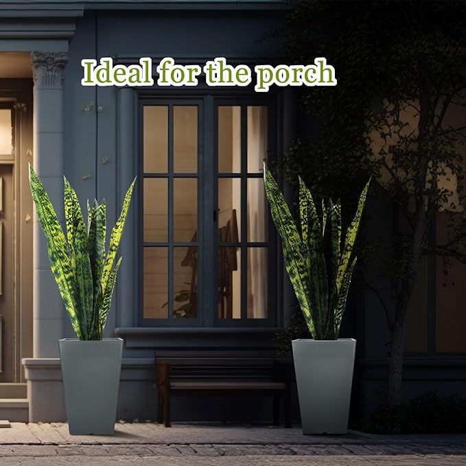 Set of 2 15.75 Inch Large Taper Planters Outdoor Indoor Tall Resin Flower Pots with Drainage Holes Modern for Front Door Patio Backyard Plants(Gray)