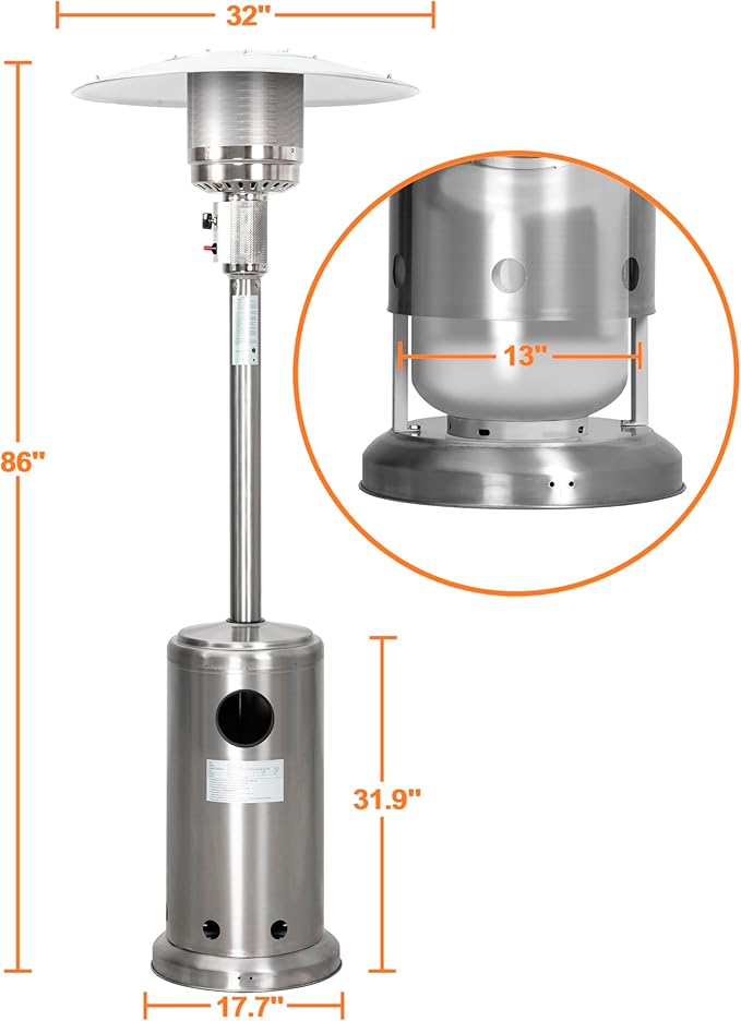 Nuu Garden Outdoor Propane Patio Heater, 46,000 BTU with Stainless Steel Propane Gas Patio Heater and Wheels, Silver for Garden and Terrace