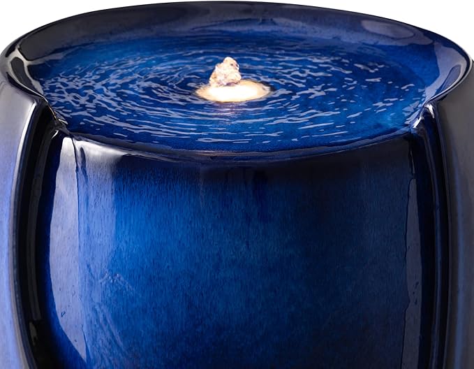 Glitzhome 29.25" H Tall Outdoor Ceramic Jar Water Fountain with LED Light and Submersible Pump Vase Floor Freestanding Water Fountain for Patio Garden Yard Art Decor, Cobalt Blue