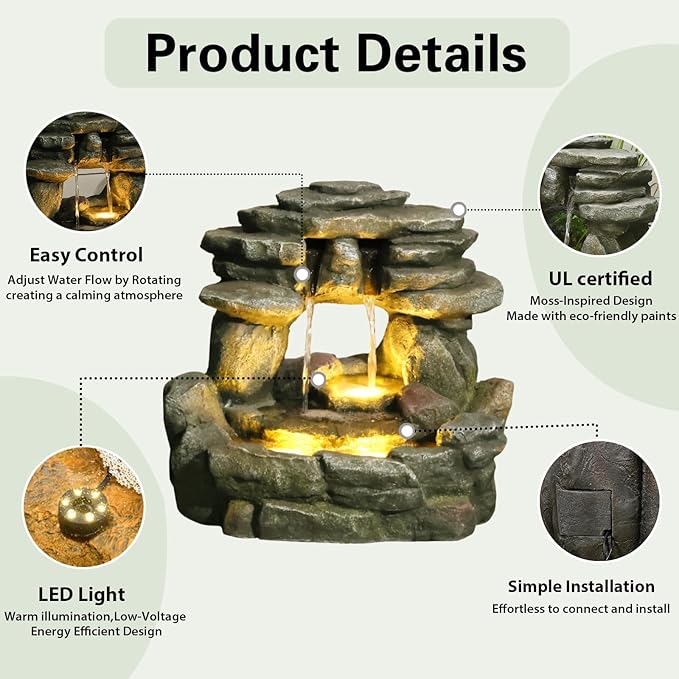 15.6" H Small Garden Outdoor Rock Water Fountain with LED Lights, 3-Tier Cascading Waterfall Fountain for Patio, Porch, Backyard & Indoor Home Decor