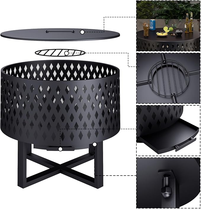 Outdoor Fire Pit, Fire Pits for Outside, Wood Burning Fire Pit with Lid, Bonfire Firepits for Patio, Backyard, Garden, Camping - Image 6