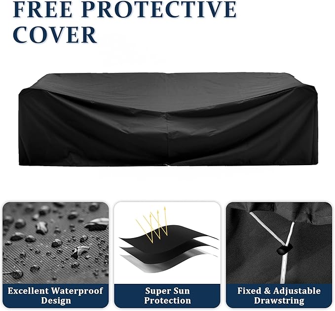 8 Pieces Outdoor Patio Furniture Set with 44" Fire Pit Table Black Rattan Sectional Conversation Sets w/Gas Fire Pit, Coffee Table, 1 Waterproof Covers, Navy Blue