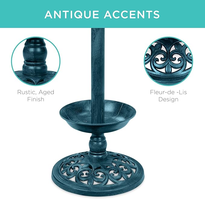 Best Choice Products Outdoor Solar Lighted Pedestal Bird Bath Fountain Decoration w/Planter, Integrated Panel, Scroll Accents for Lawn, Garden - Peacock Blue